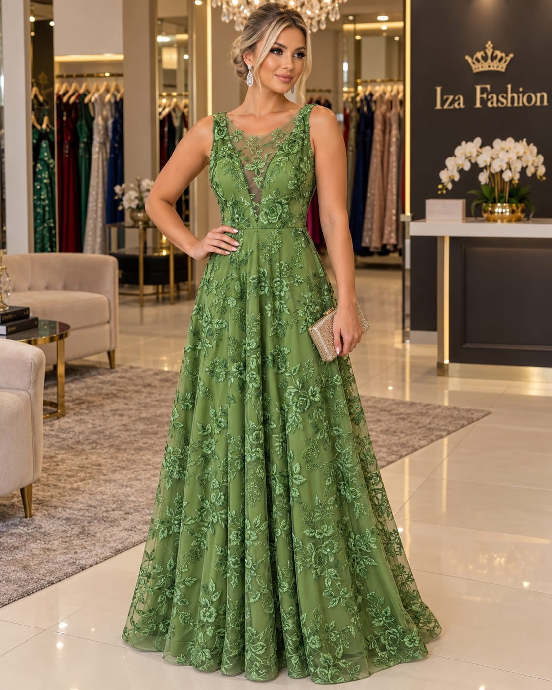 Vestido Longo Decote V Renda Oliva