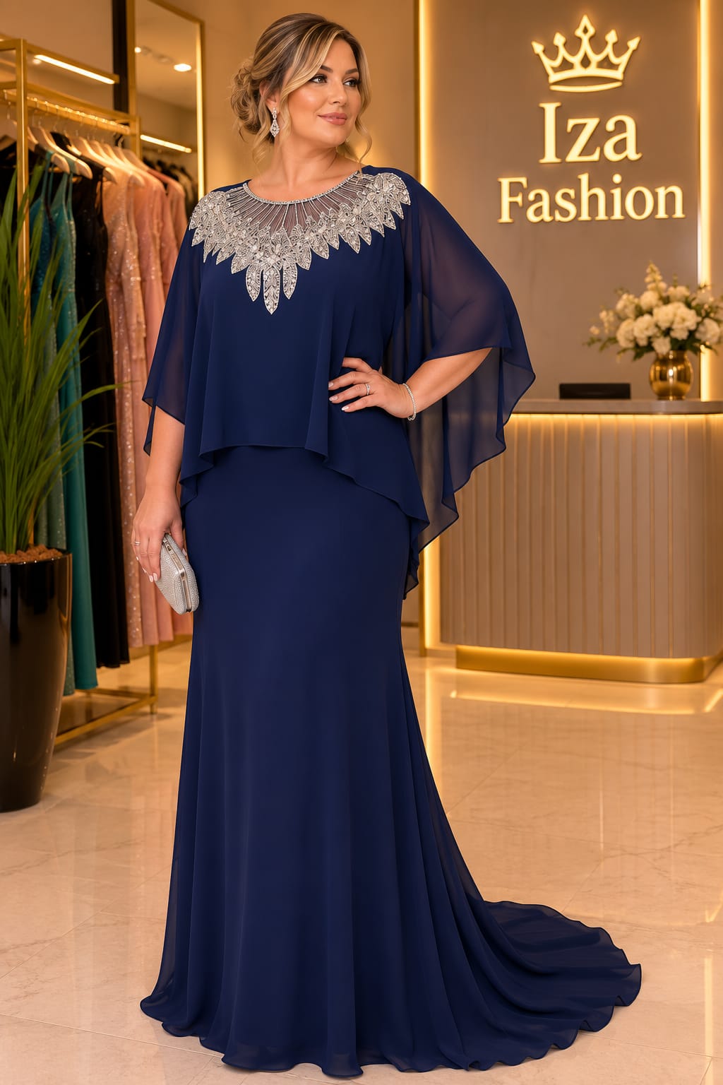 Vestido de Festa Azul-Marinho com Capa e Bordado Luxuoso
