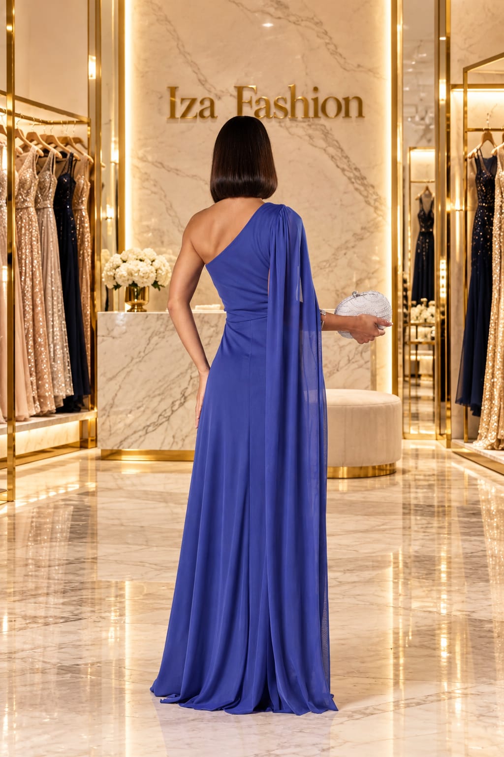 Vestido Longo em Tule Azul Royal um Ombro só Com Manga Capa