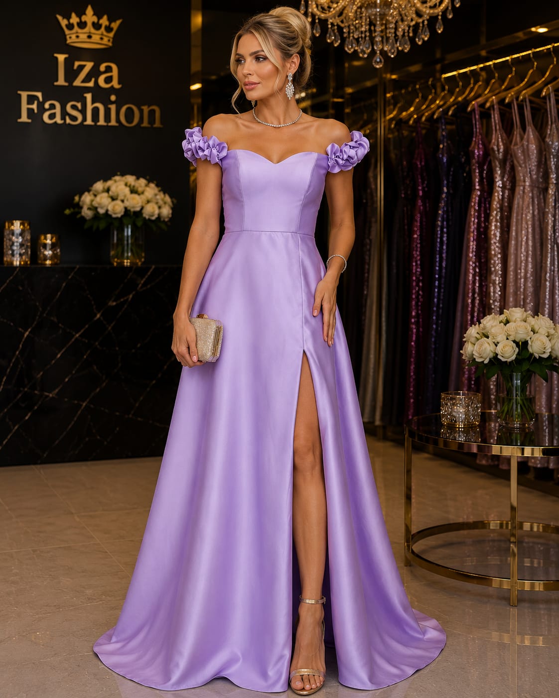 Vestido Zibeline Ombro a Ombro com Detalhe Floral Lilás