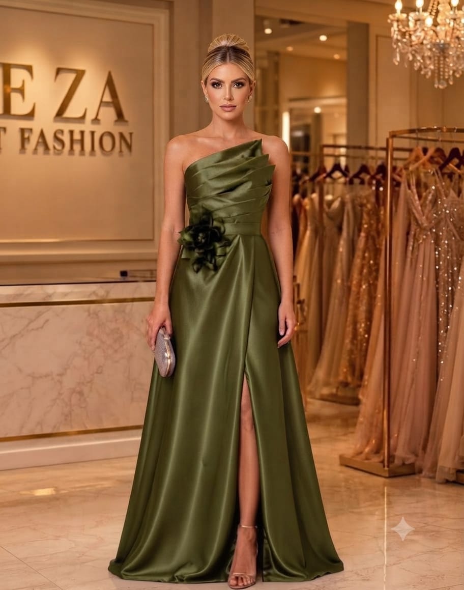 Vestido de Festa Longo Zibeline Oliva Tomara Que Caia com Flor