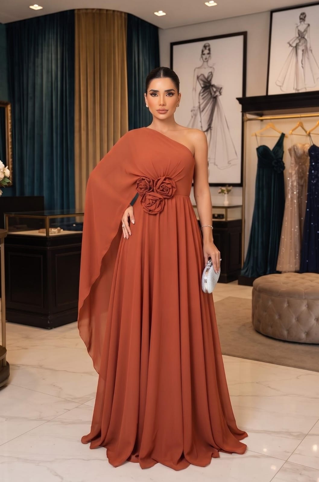 Vestido de Festa Terracota Decote um Ombro Só e Flores Aplicadas