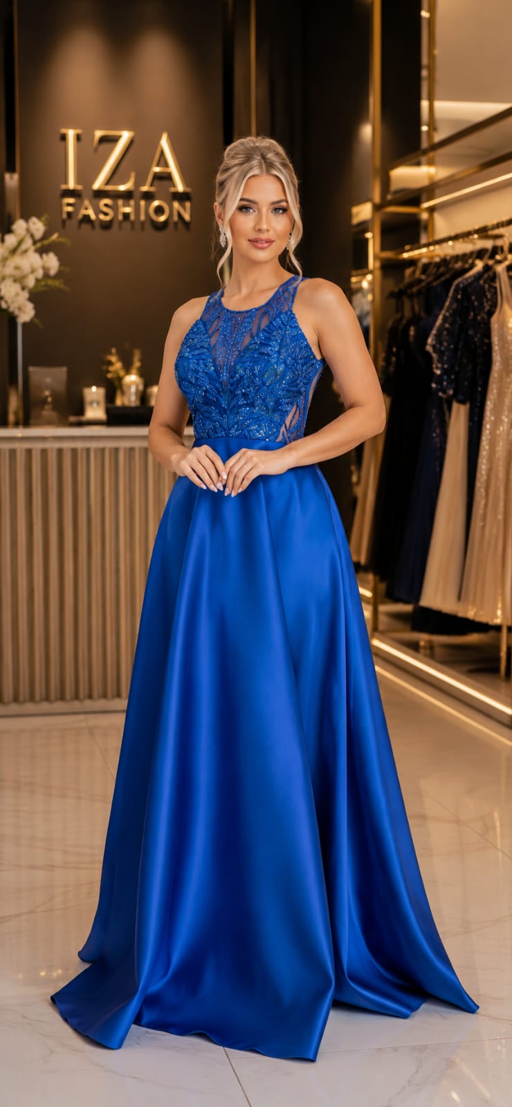 Vestido Longo Azul Royal Bordado