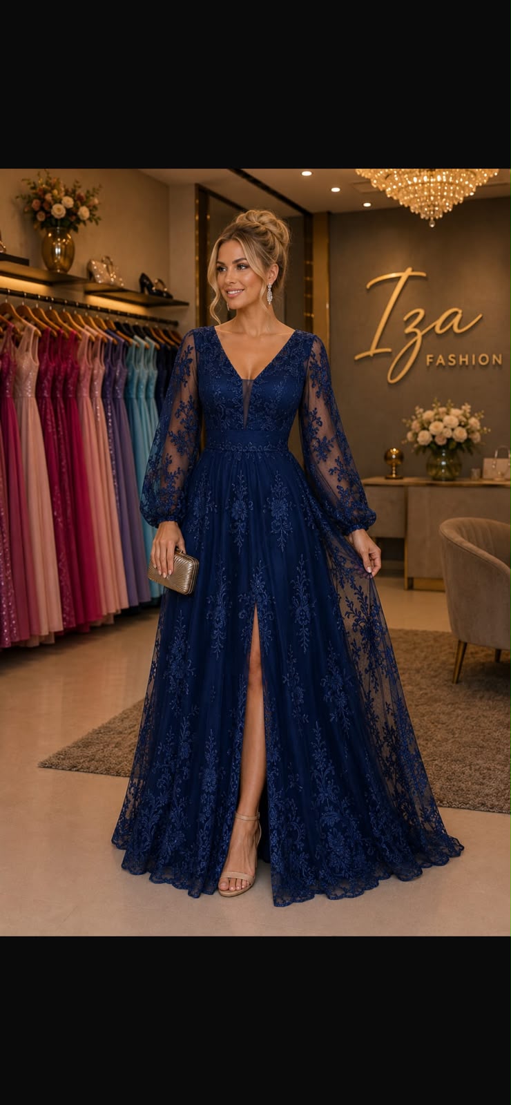 Vestido Longo em Tule e Renda Bordada com Manga Longa Marinho