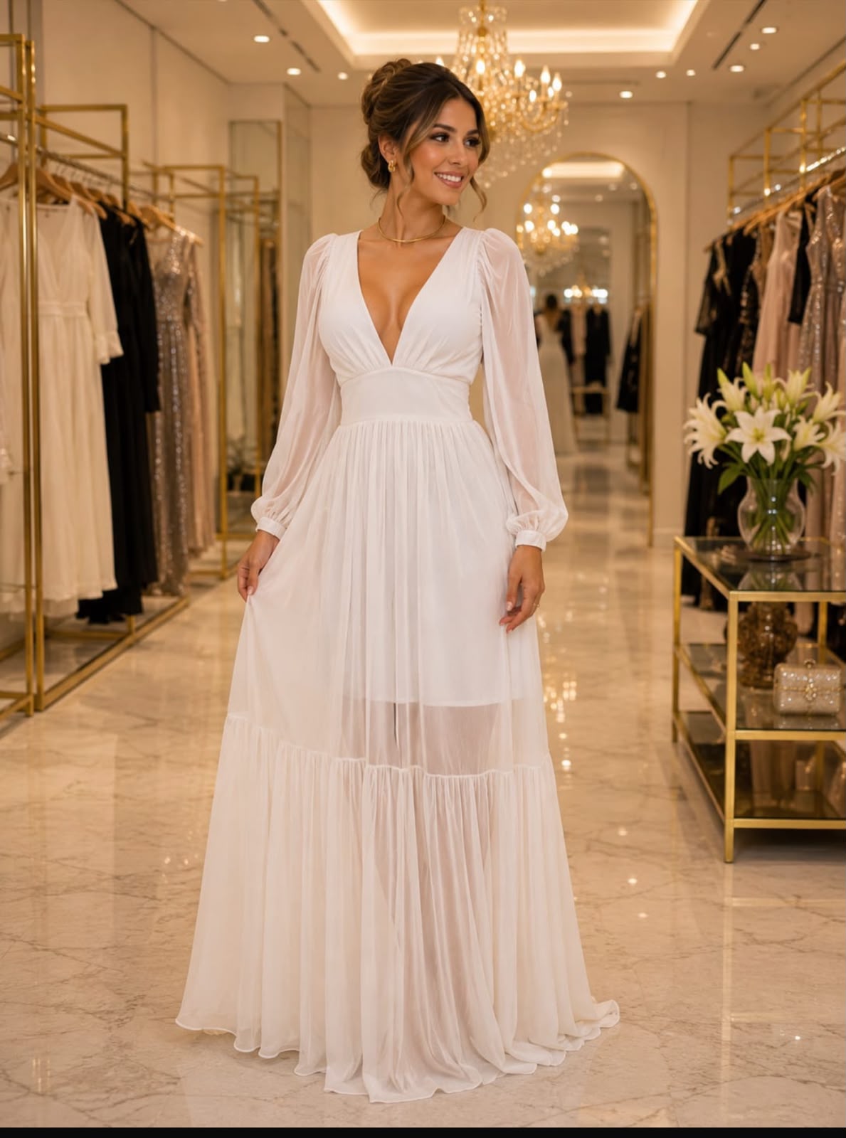 Vestido Longo Tule Branco Manga Longa