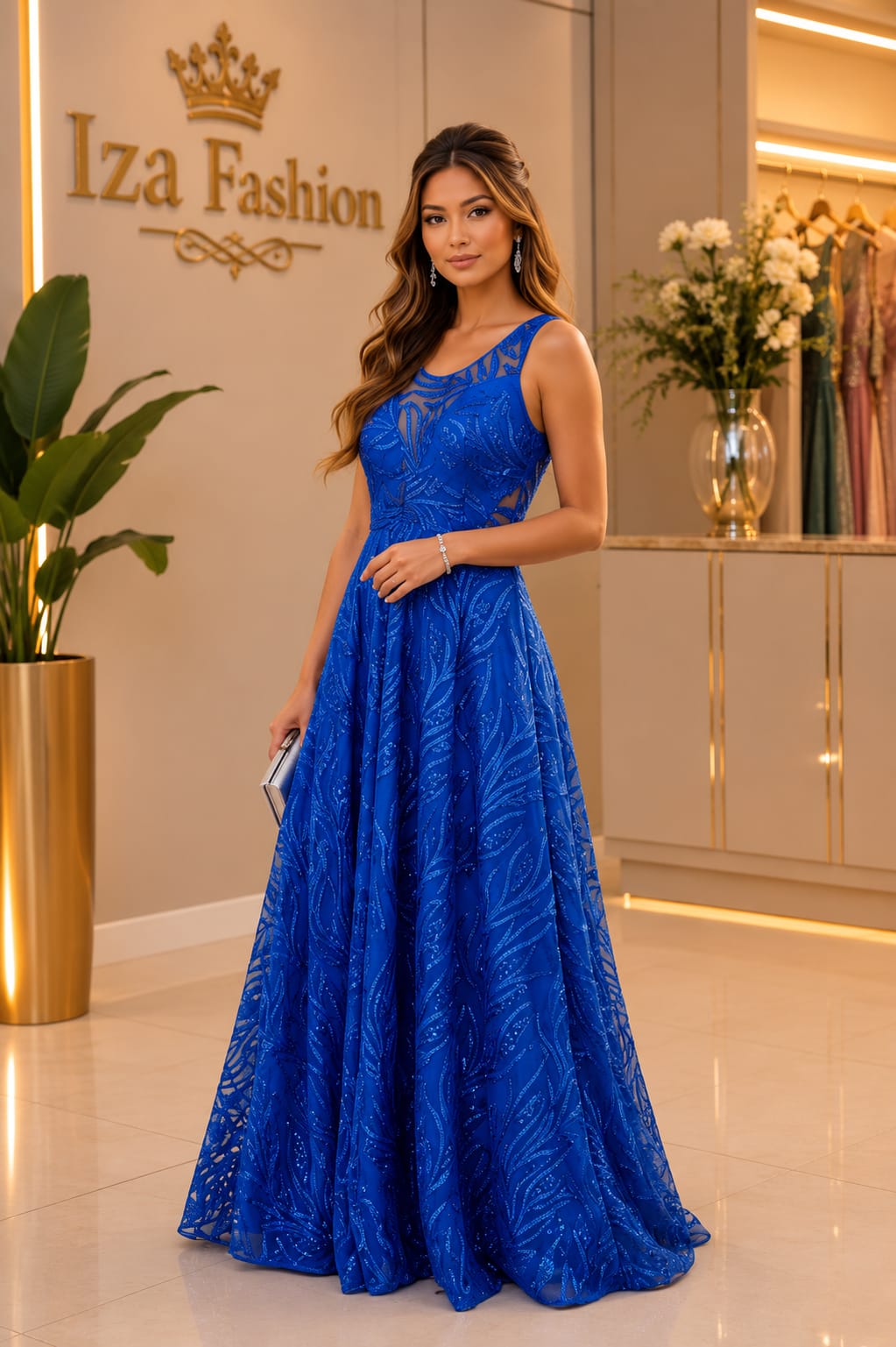 Vestido Longo Azul Royal em Renda