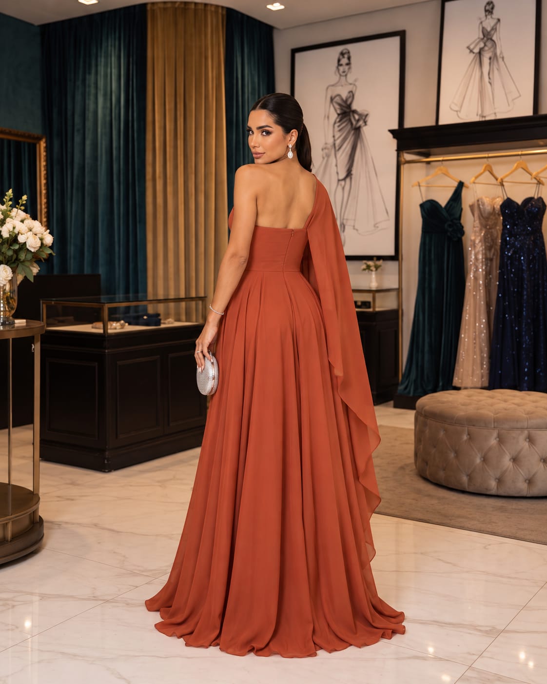 Vestido de Festa Terracota Decote um Ombro Só e Flores Aplicadas