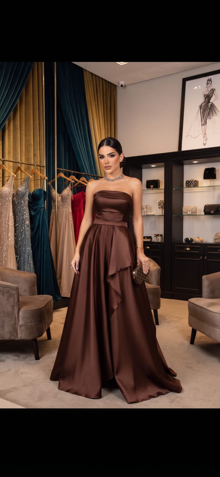Vestido Longo em Zibeline Marrom Tomara que Caia