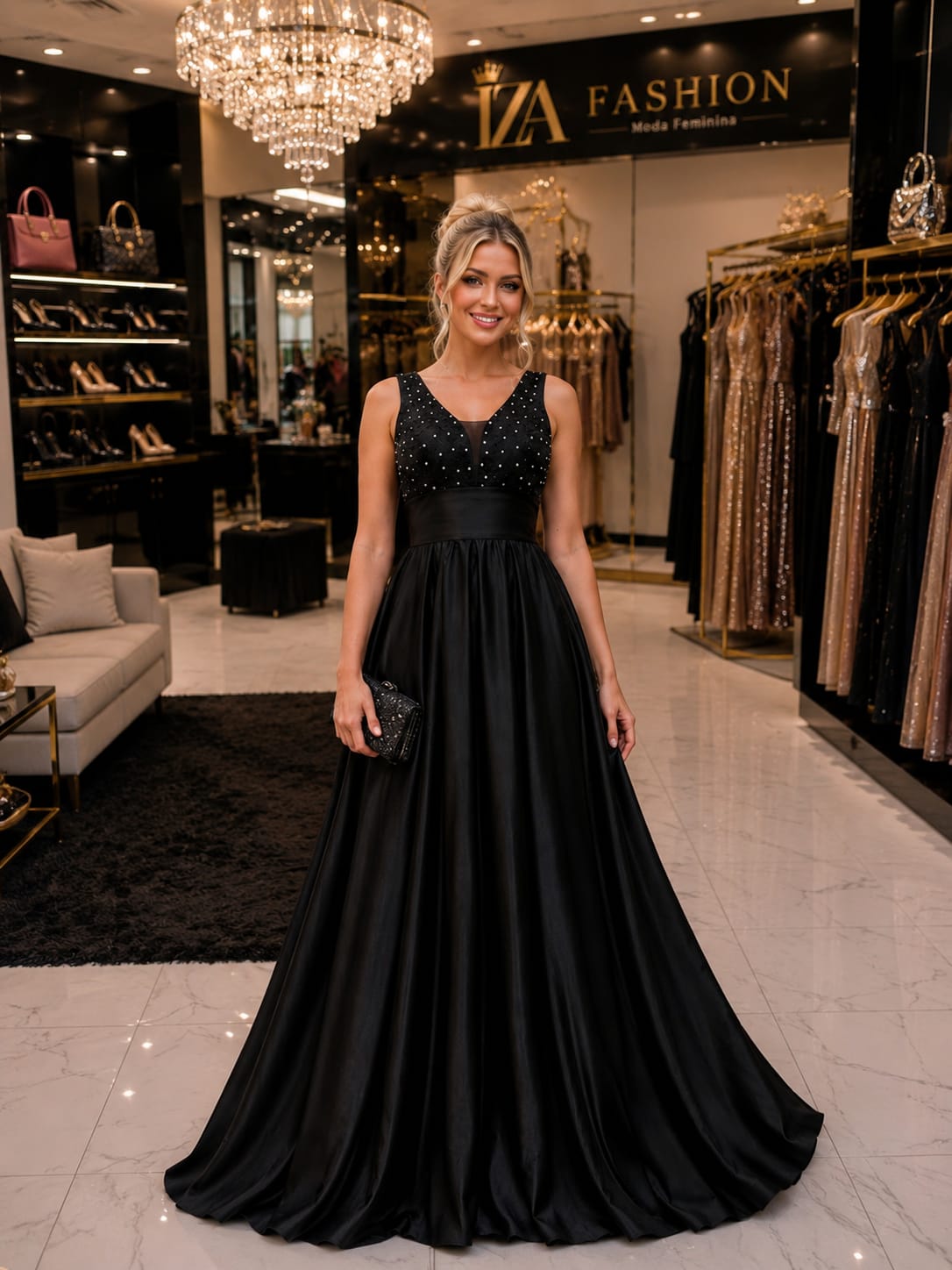 Vestido Longo Preto Bordado