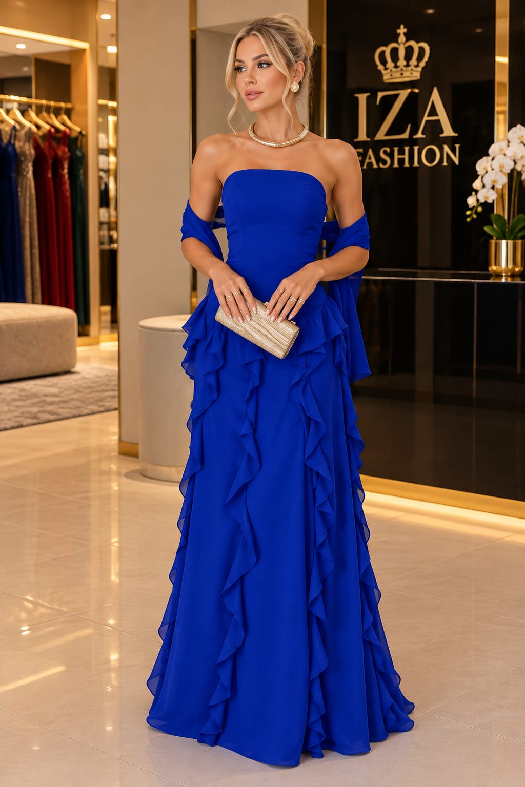 Vestido Longo em Seda Chiffon Azul Royal Tomara que Caia com Babados