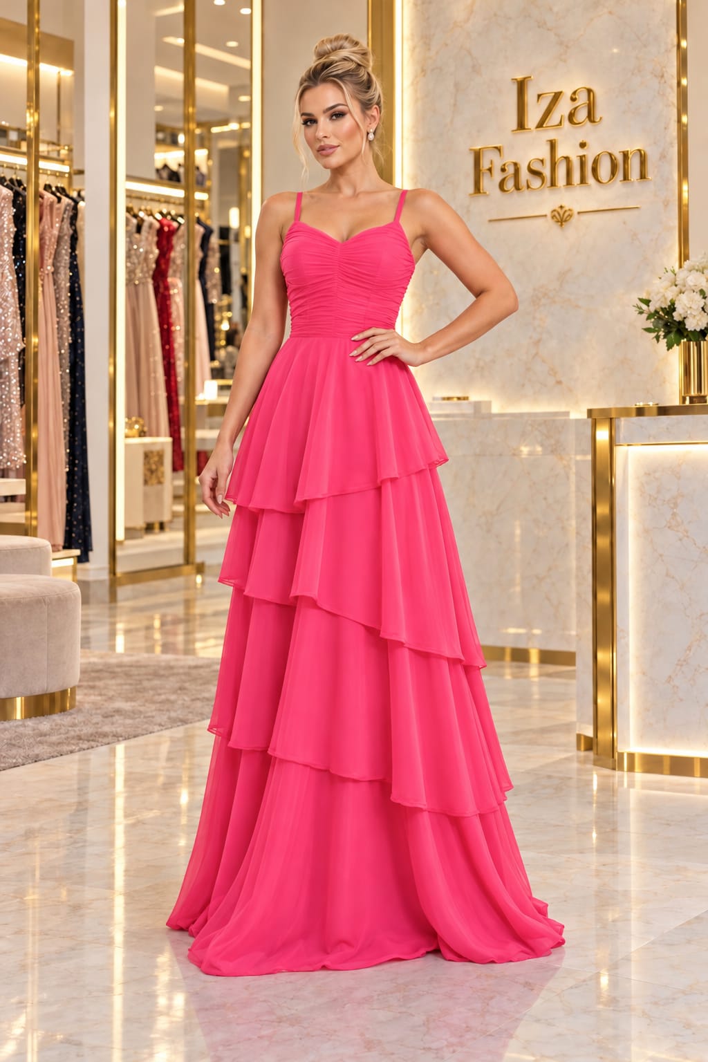 Vestido Longo Pink/ Fúcsia Vibrante com Babados em Camadas e Busto Drapeado