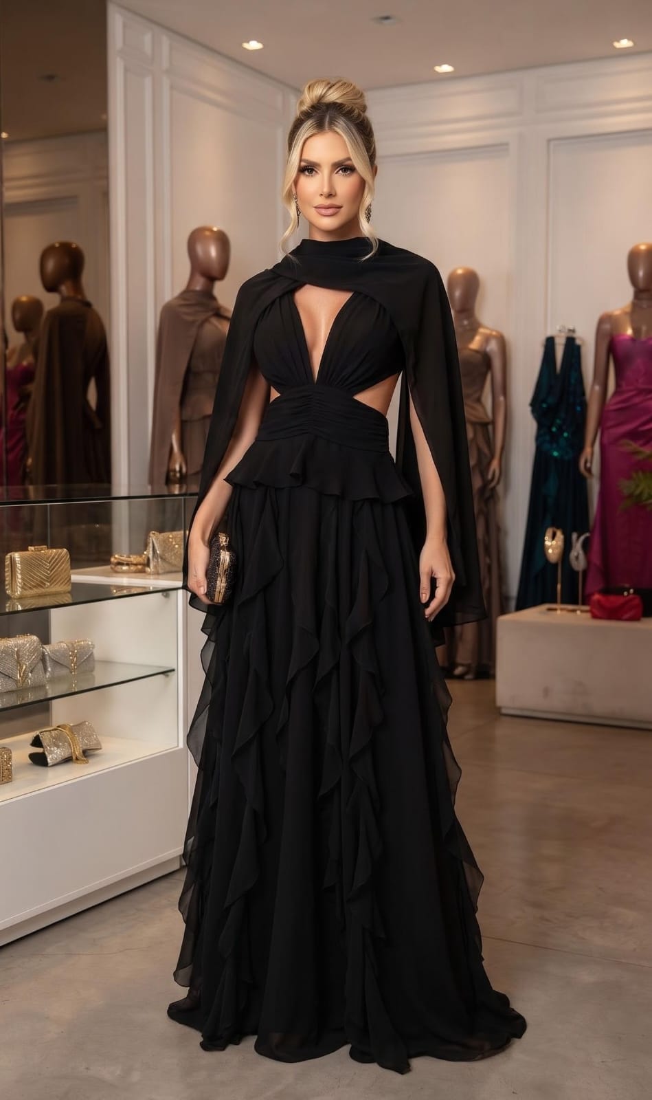 Vestido Longo Preto em Chiffon Frente Única e Babados 2 em 1