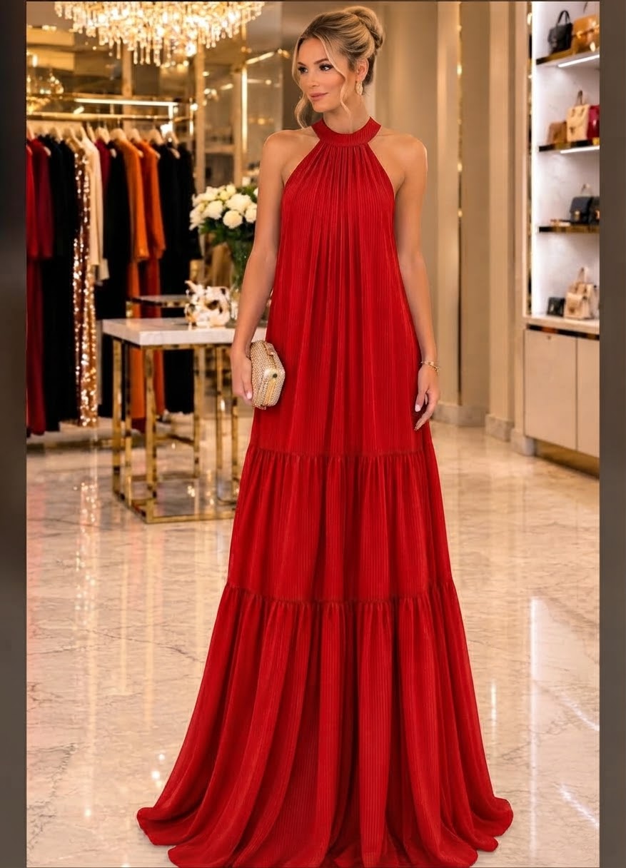 Vestido Longo Frente Única Três Marias com Faixa Vermelho