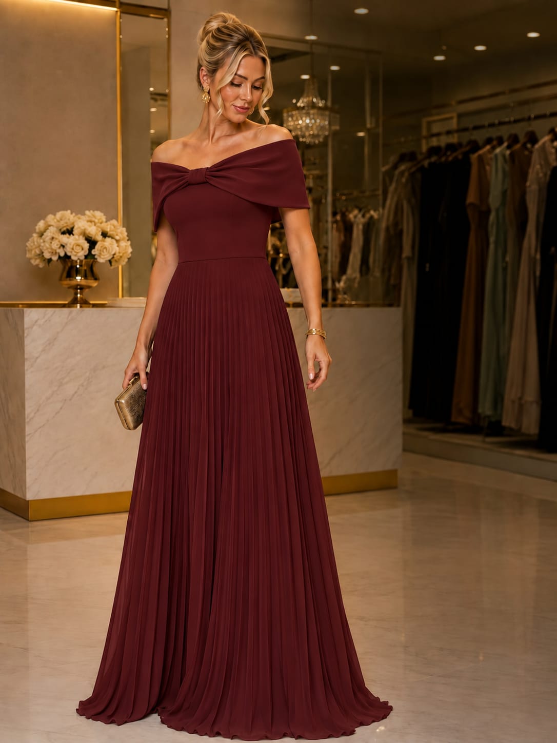 Vestido Longo Marsala Ombro a Ombro Plissado