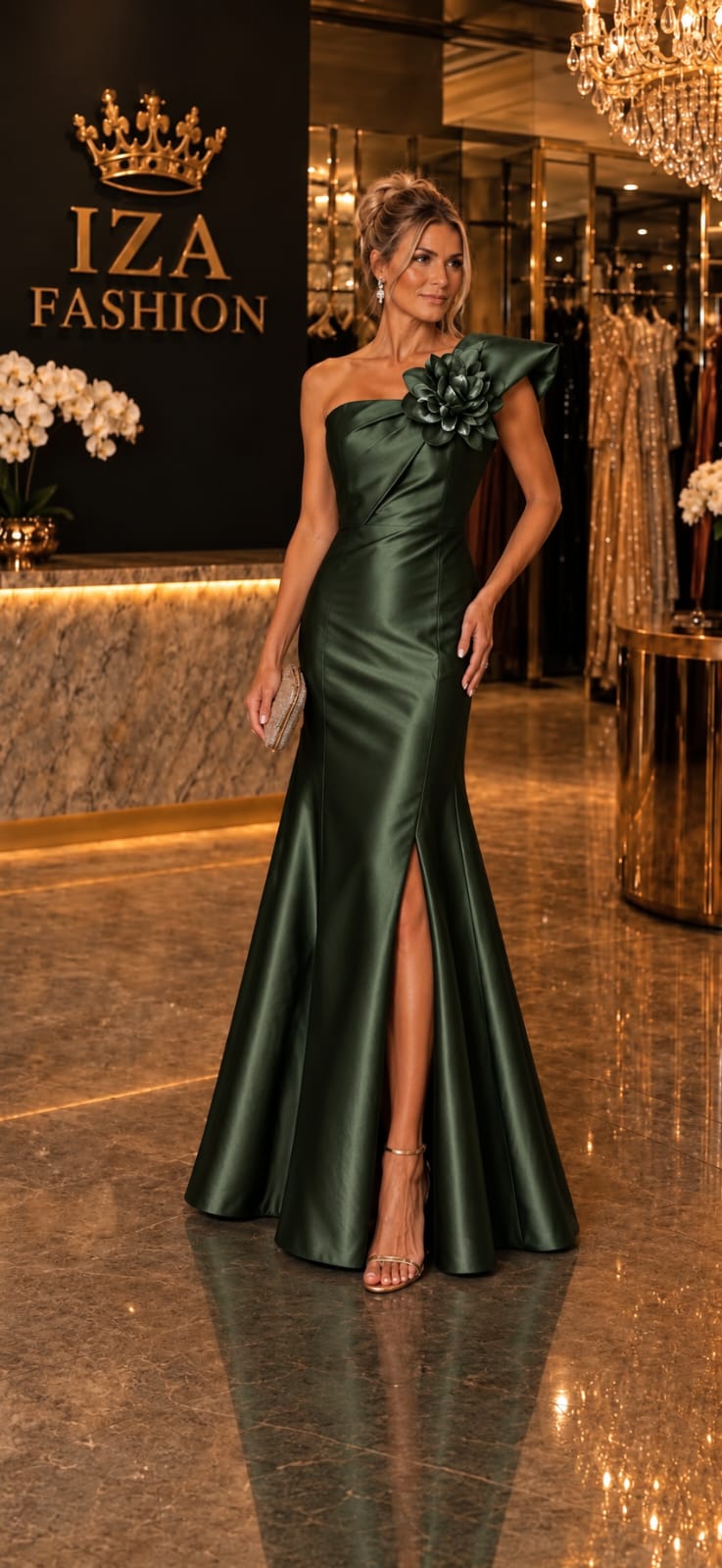 Vestido Zibeline Glow Um Ombro Só com Aplicação Flor Oliva Escuro