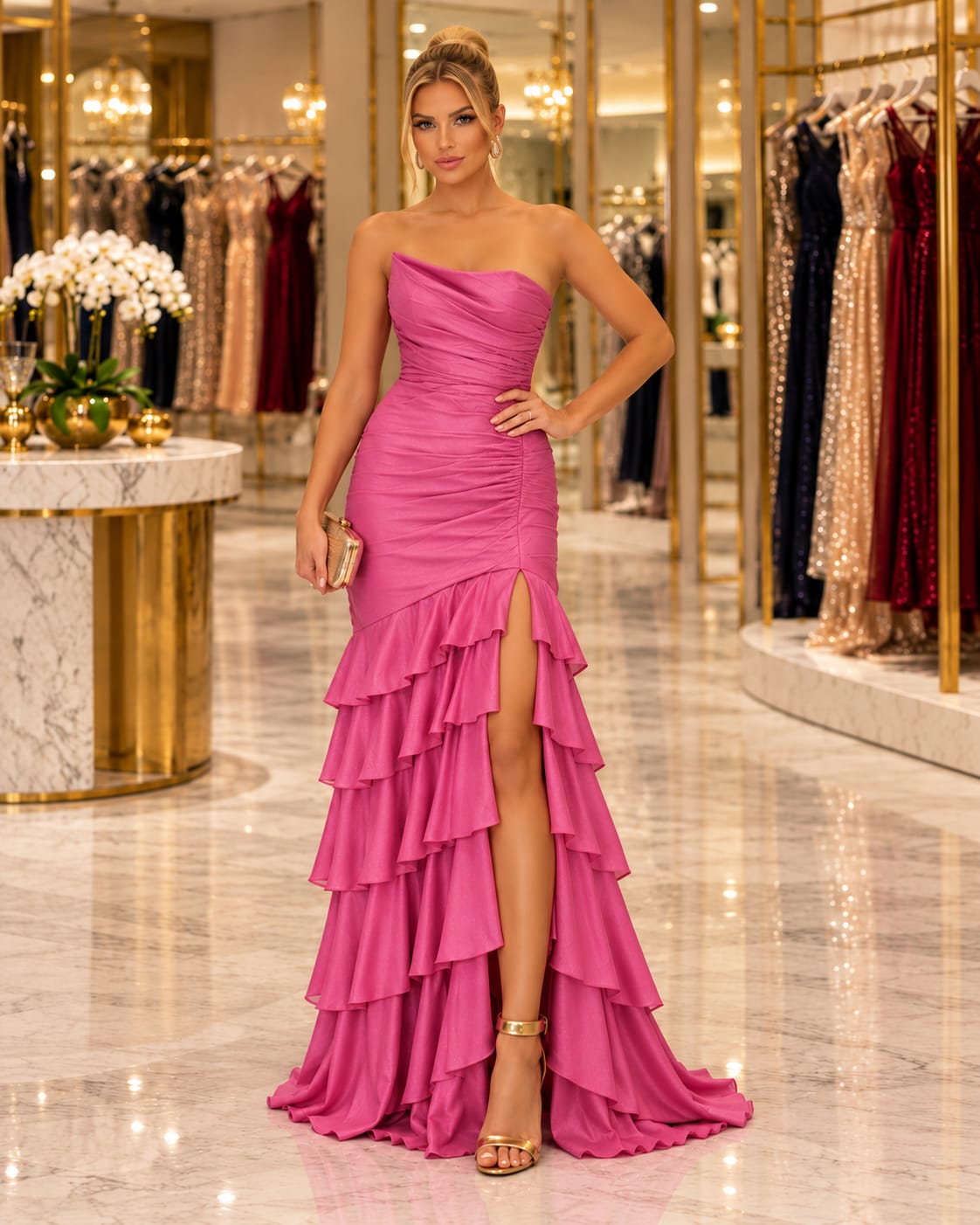 Vestido Longo em Zibeline de Festa Rosa Babados