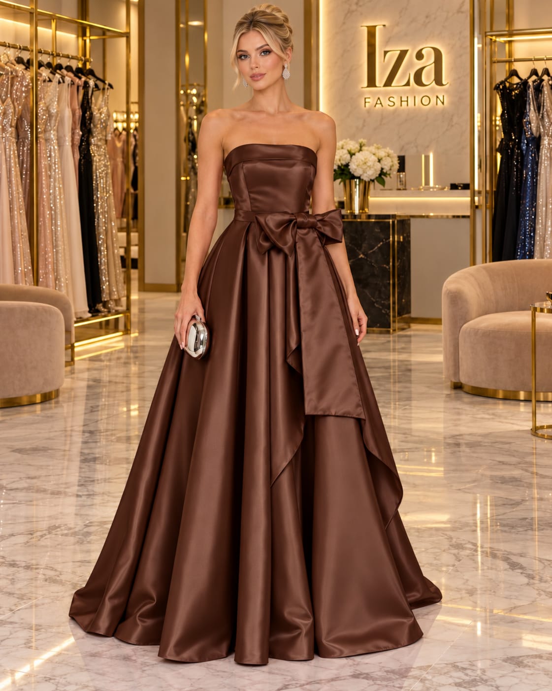 Vestido Longo Princesa em Zibeline Marrom com Laço Luxo