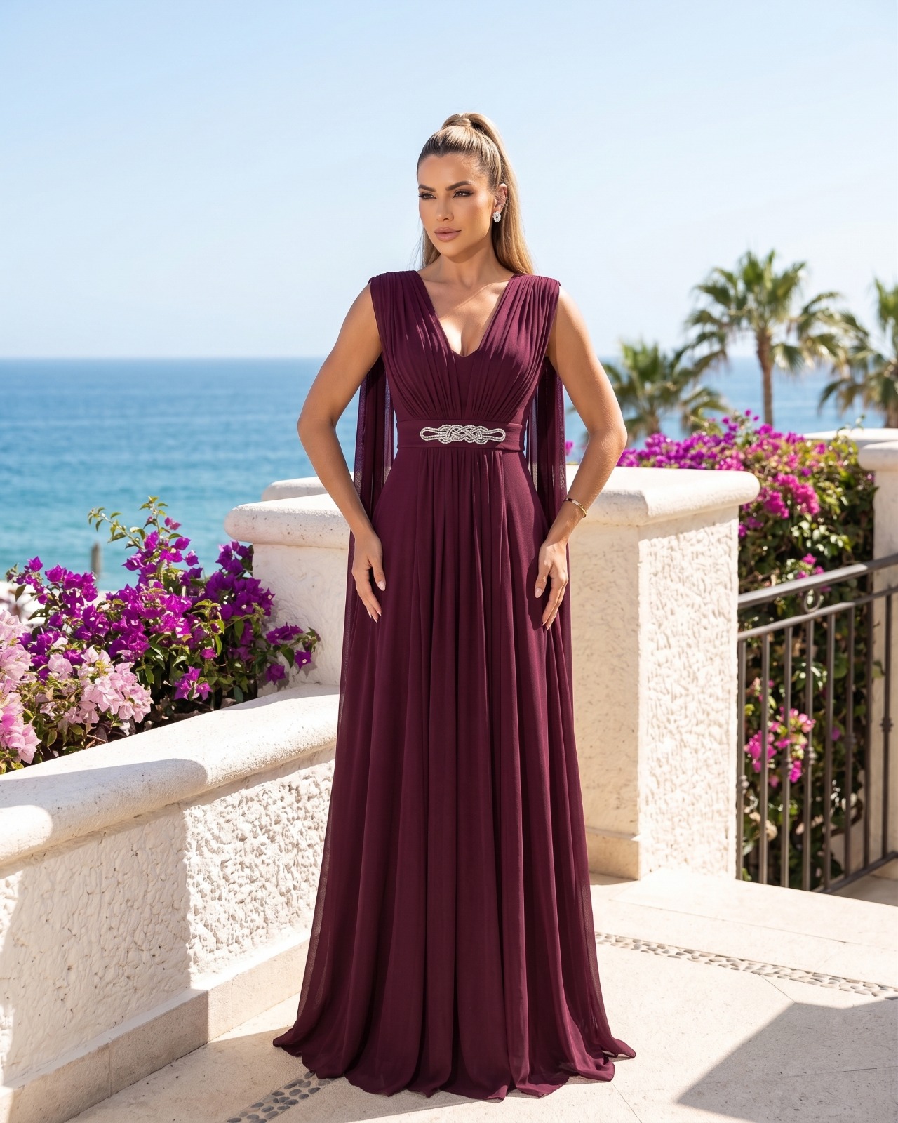 Vestido Longo Tule com Capa Marsala