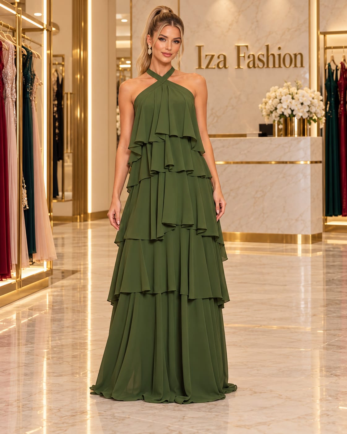 Vestido Longo em Camadas Chiffon Verde Oliva