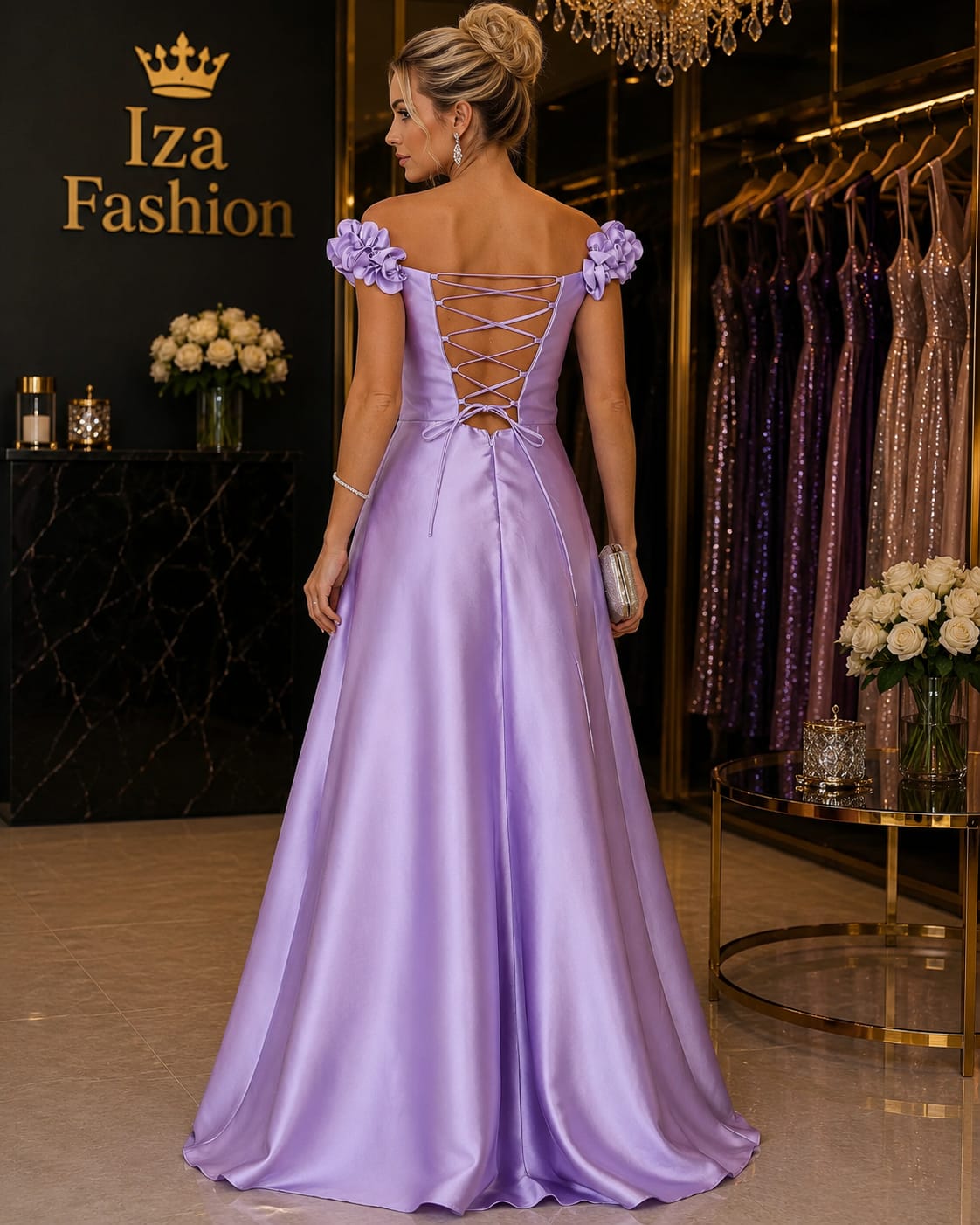 Vestido Zibeline Ombro a Ombro com Detalhe Floral Lilás