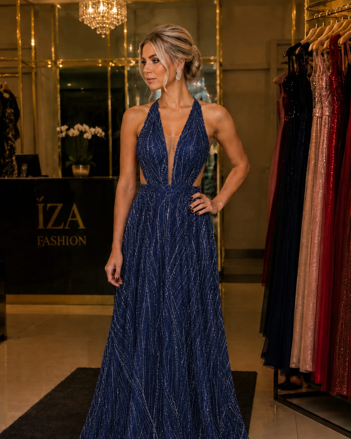 Vestido Longo Azul-Marinho com Brilho