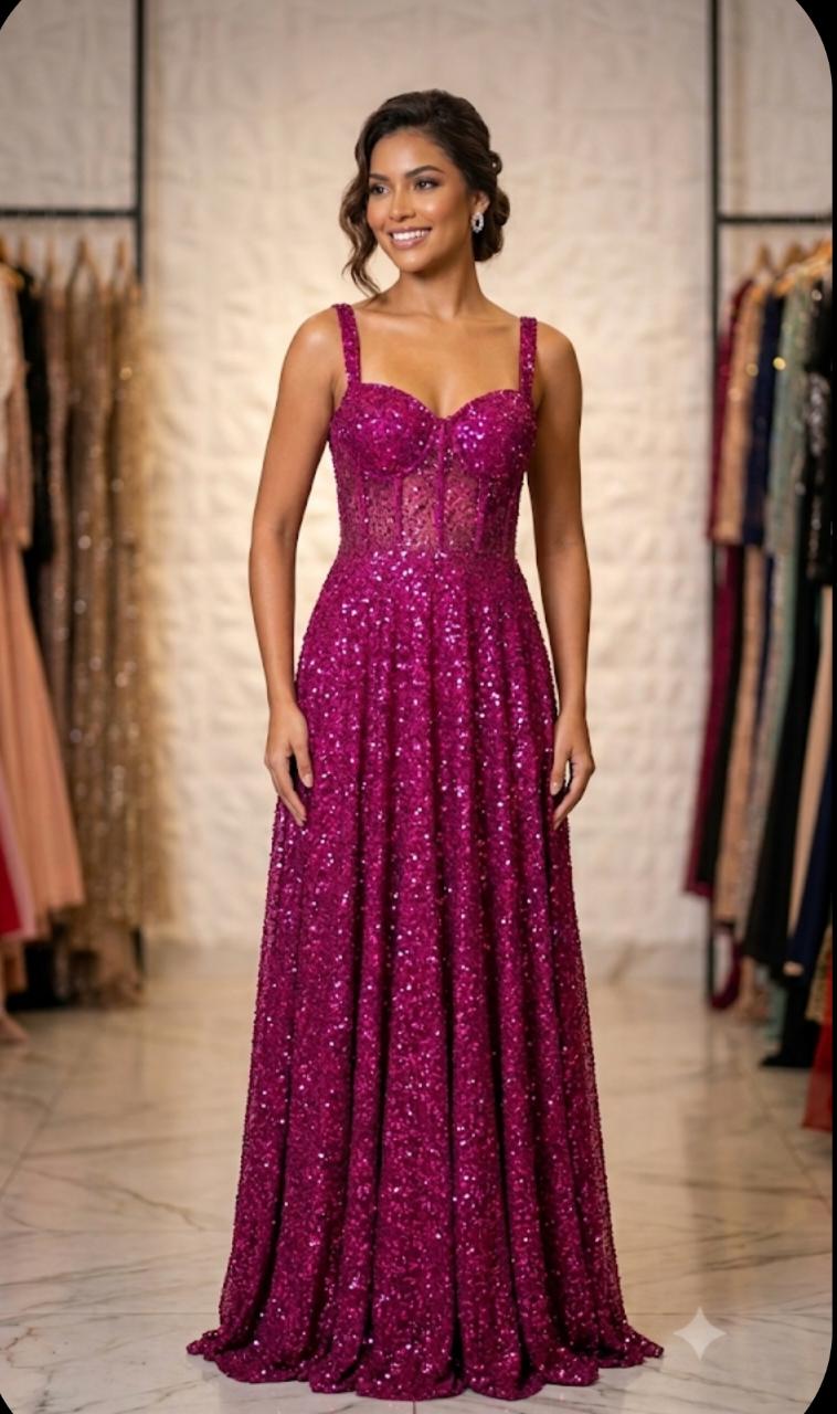 Vestido Longo com Corpete Bordado Rosa Fúcsia