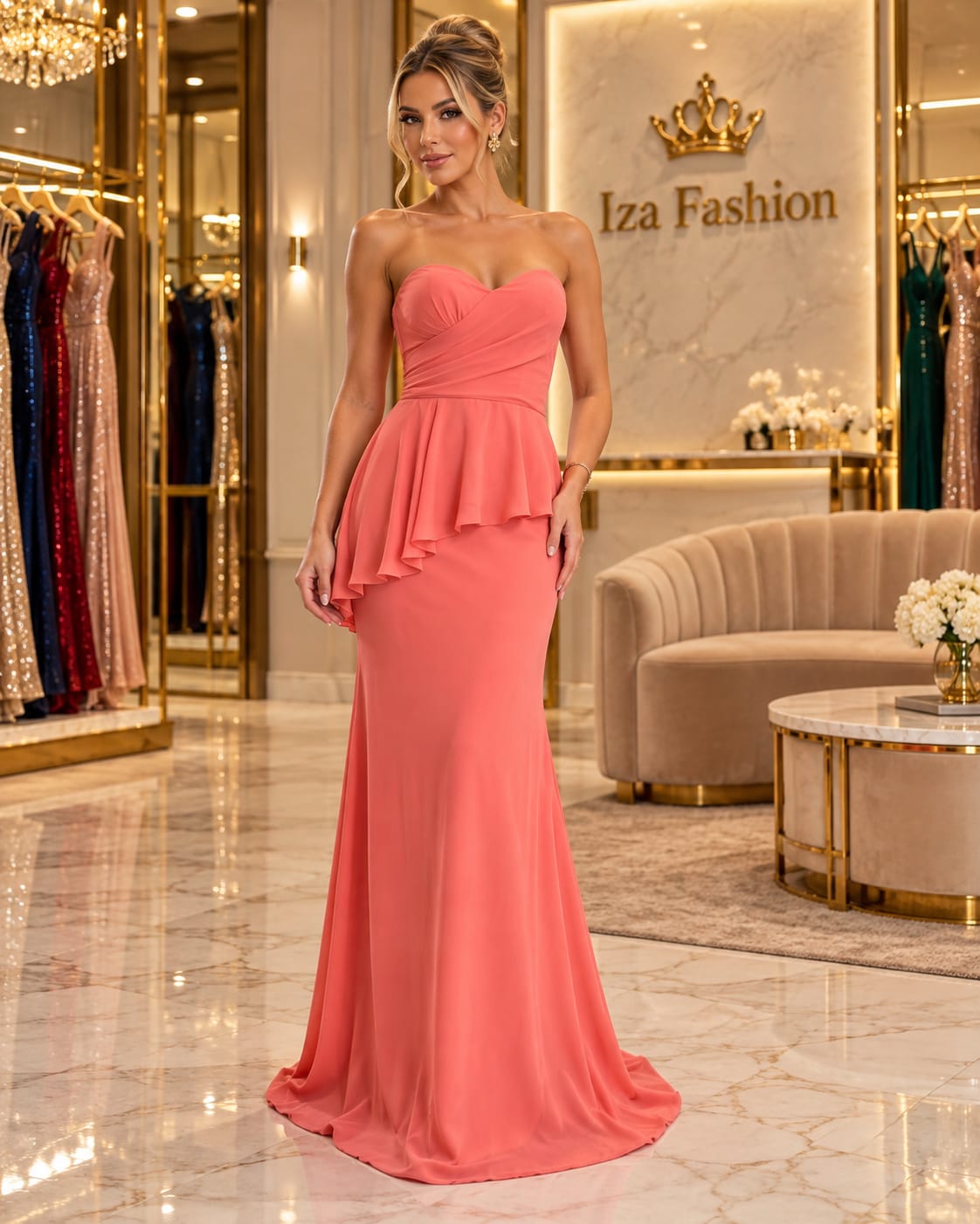 Vestido Longo Sereia Rosa Goiaba Tomara que Caia Peplum