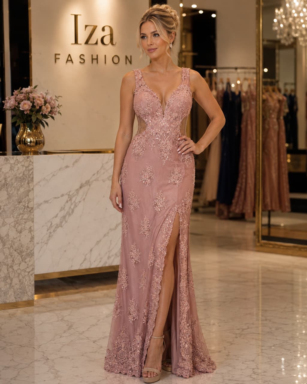 Vestido Longo Rosa Tule Bordado Renda Sereia Fenda