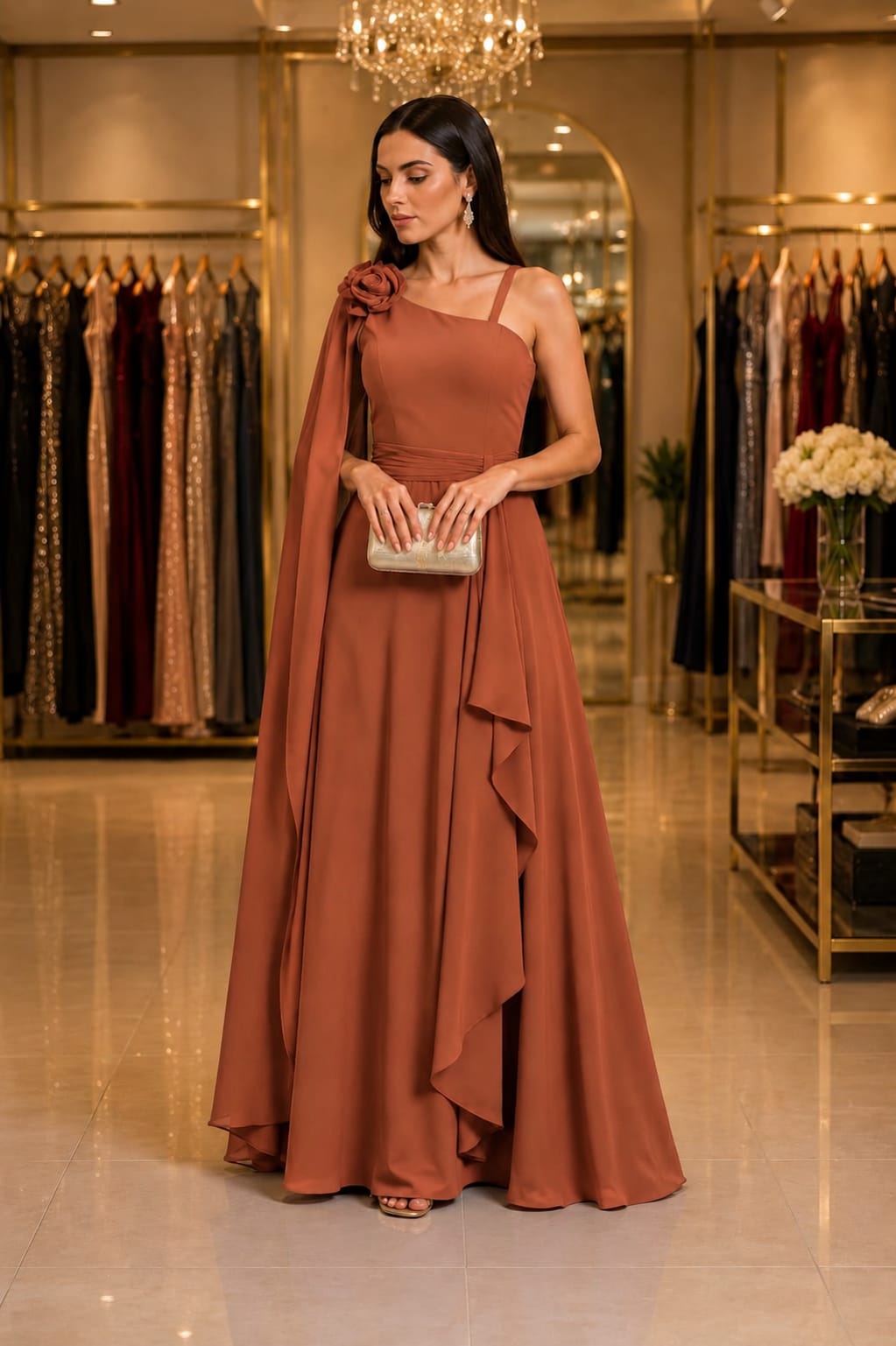 Vestido Longo Crepe de Seda Terracota Um Ombro Só