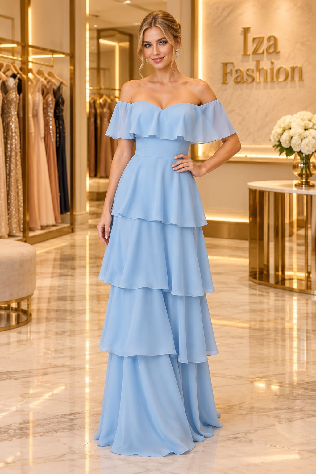 Vestido Longo Azul Serenity Ombro a Ombro com Babados em Camadas