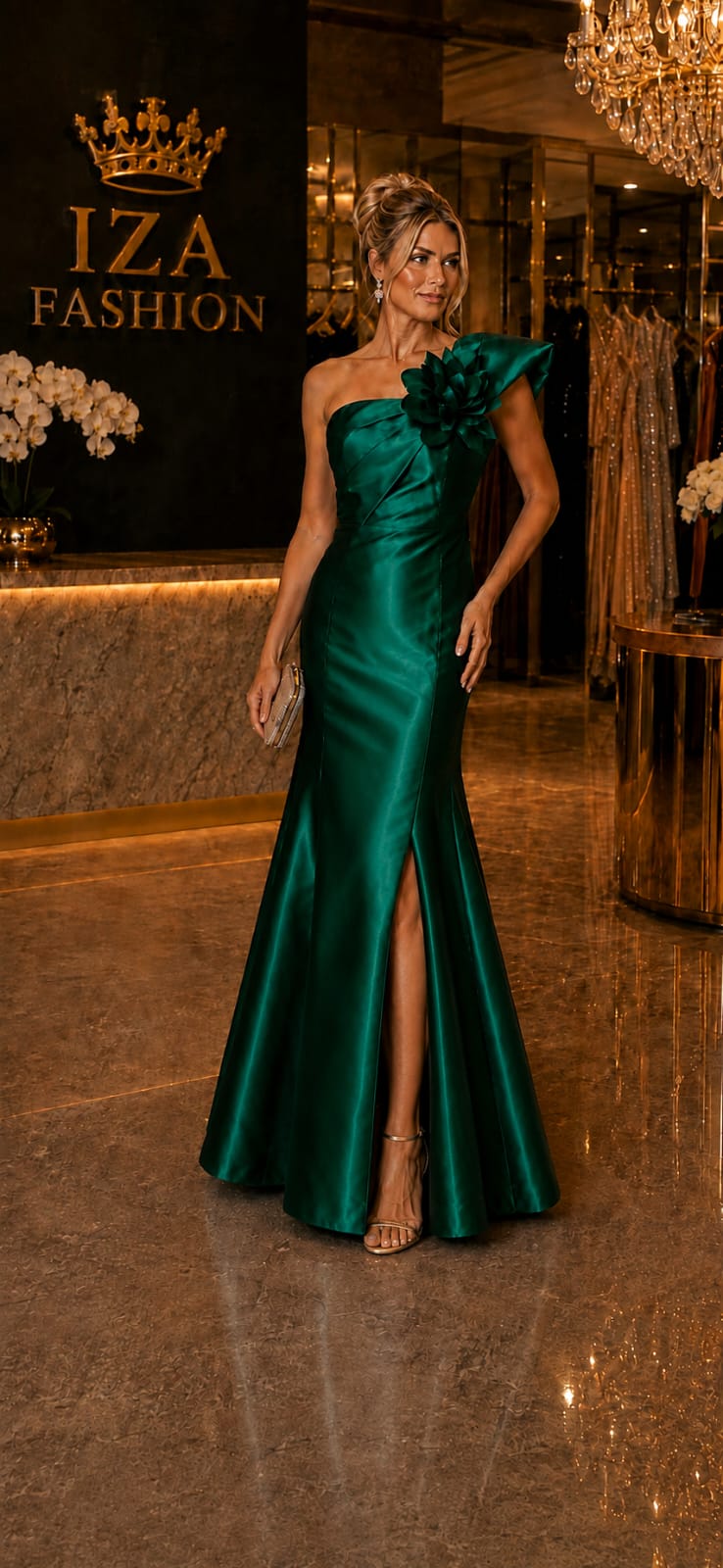 Vestido Zibeline Um Ombro com Flor Só Esmeralda