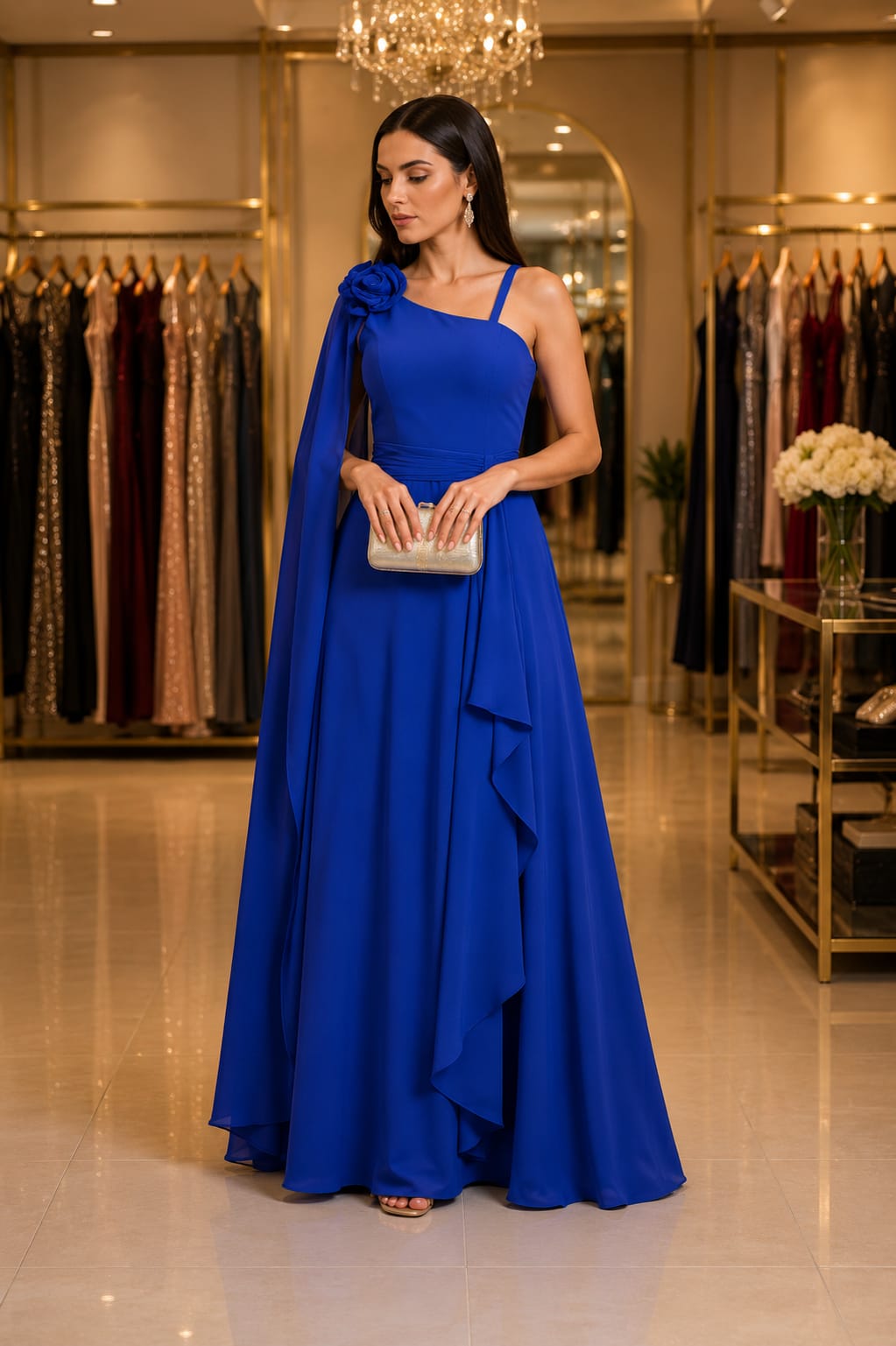 Vestido Longo Azul Royal Fluido Um Ombro Só com Flor 3D