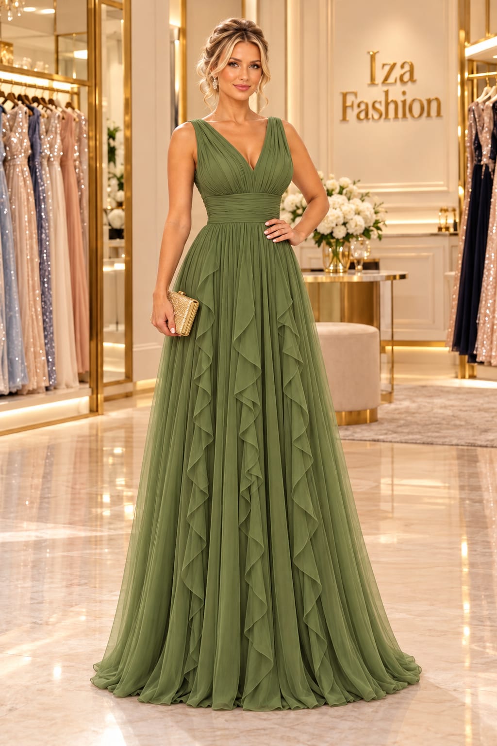 Vestido Longo Verde Oliva com Babados Cascata e Decote em V