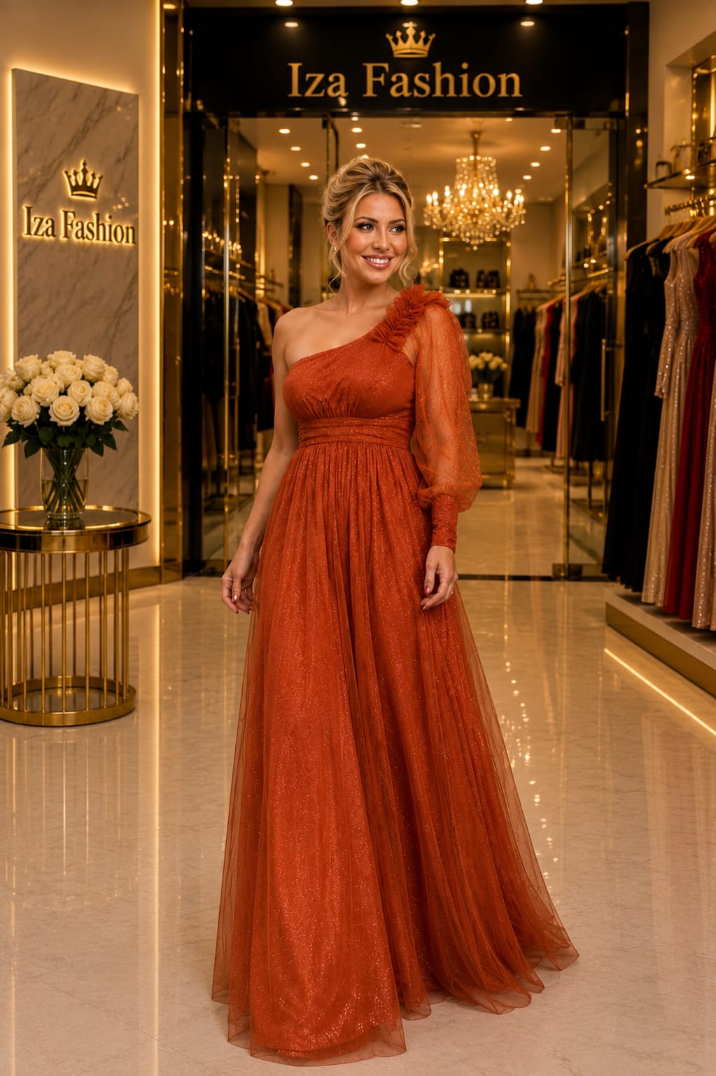 Vestido Longo Tule com Brilho TerraCota Um Ombro Só e Manga Bufante