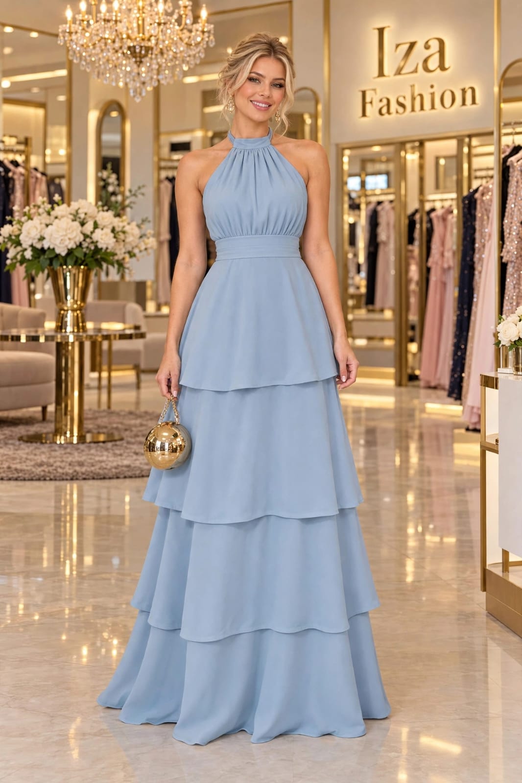 Vestido Longo Azul Serenity Chiffon Frente Única Gola Alta com Babados em Camadas