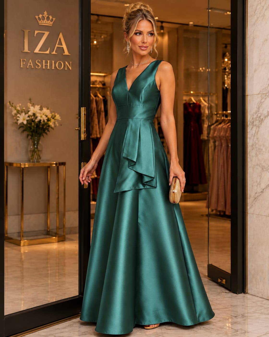 Vestido Longo Zibeline com Babado Assimétrico