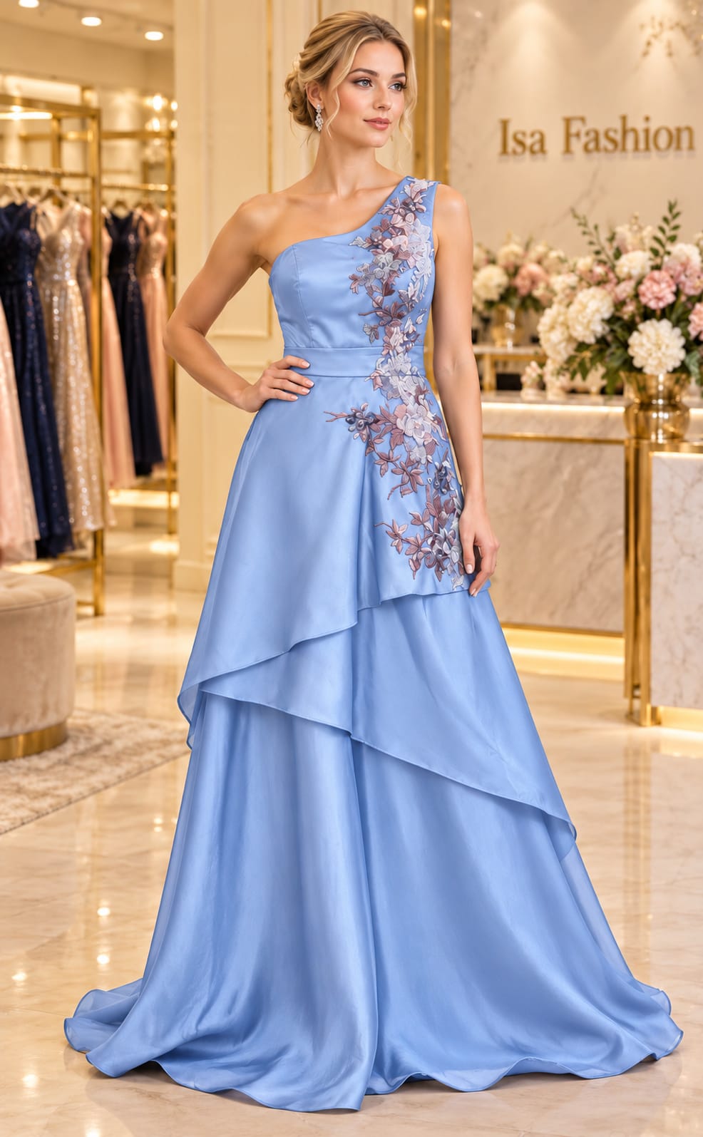 Vestido Longo Azul Serenity Zibeline Ombro Único com Bordado Floral 3D e Saia em Camadas