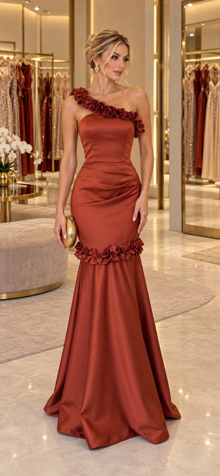 Vestido Longo em Zibeline Terracota com Aplicação de Flores no Ombro e na Saia