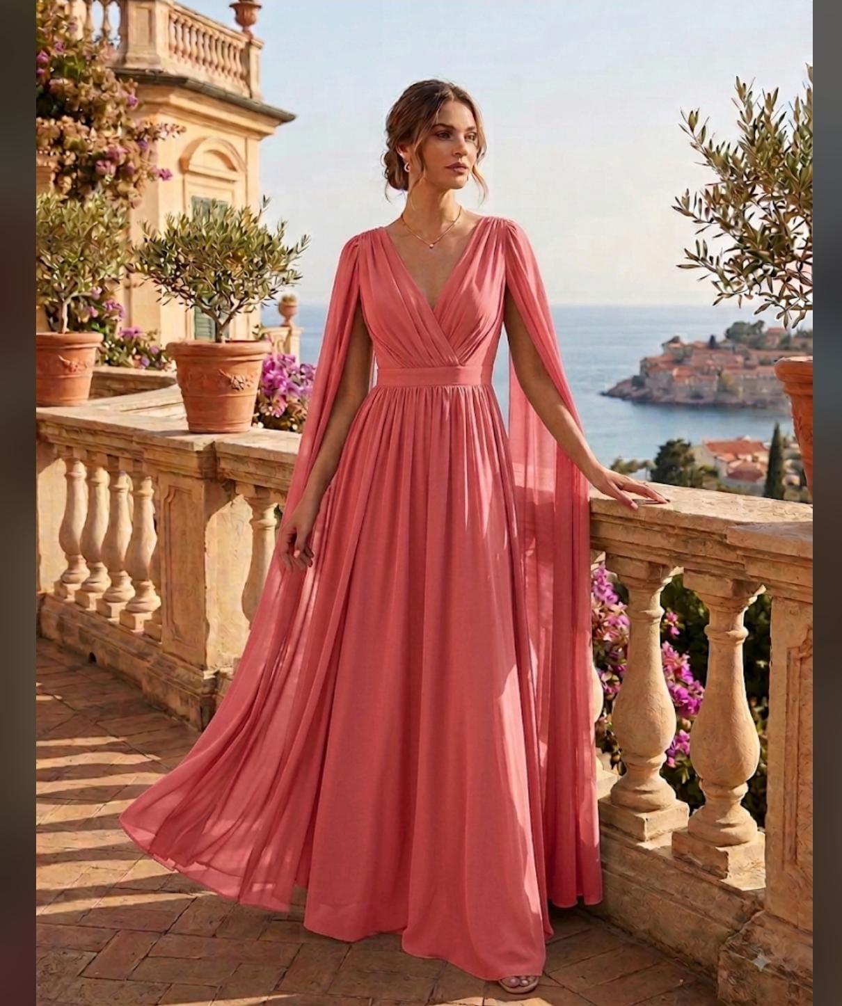 Vestido Longo Rosa em Chiffon com Manga Cape e Decote V