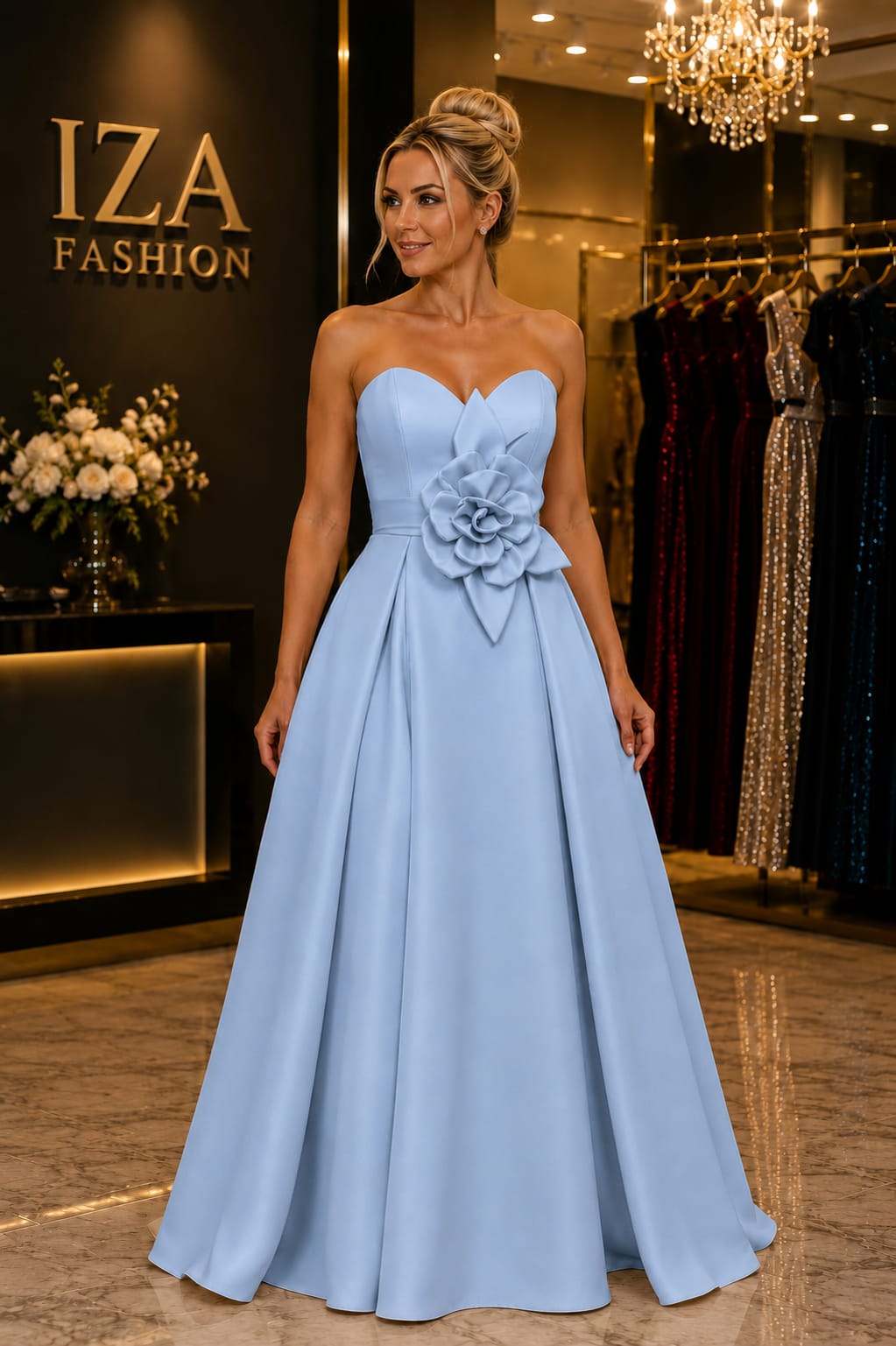 Vestido Azul Serenity com Flor 3D CDC Amanda – Elegância Romântica
