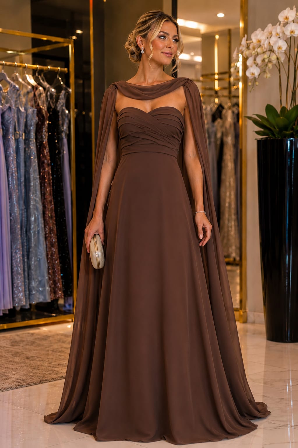 Vestido Longo Marrom Tomara que Caia com Capa