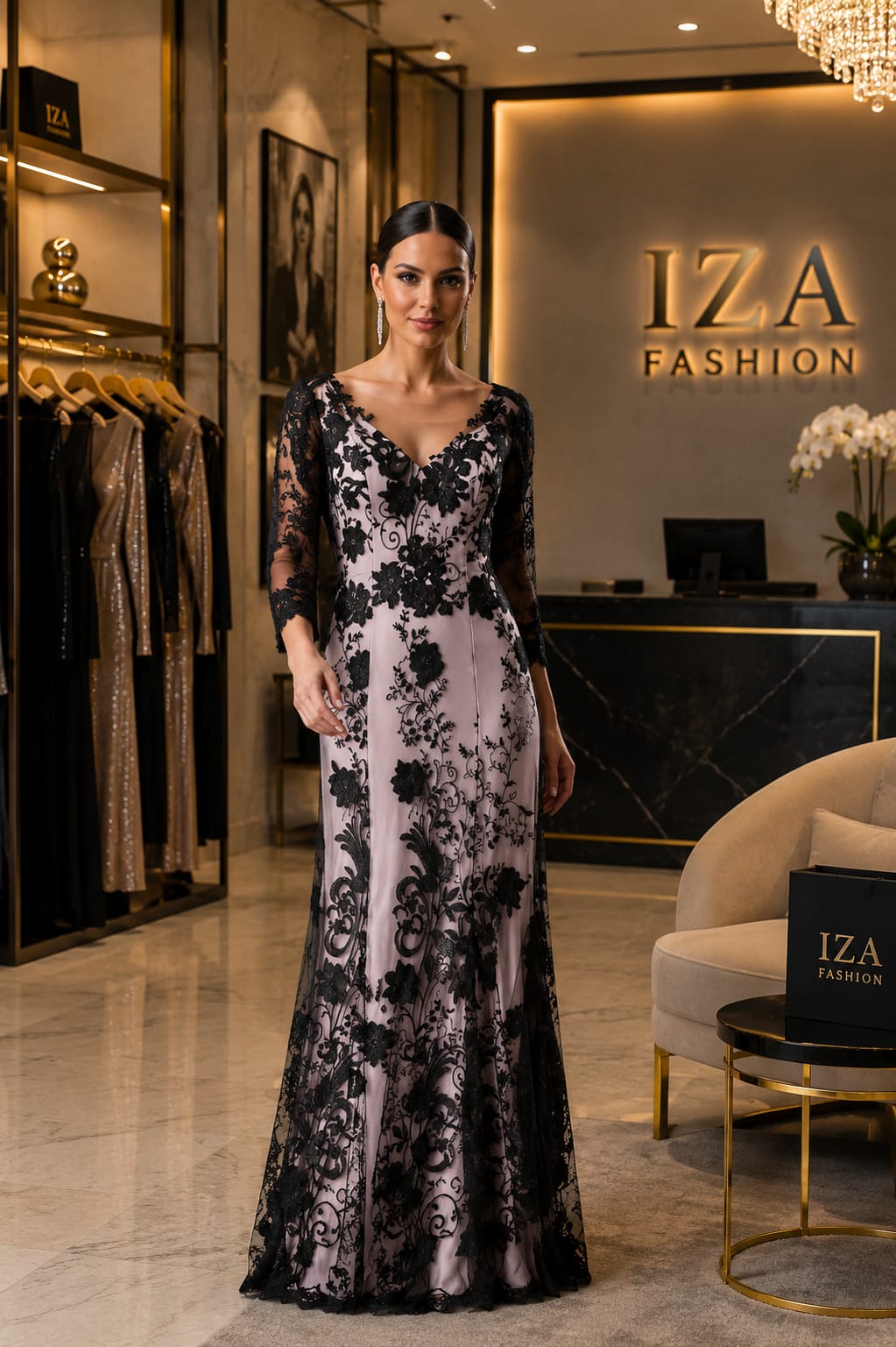 Vestido Longo Rosa e Preto em Tule Bordada