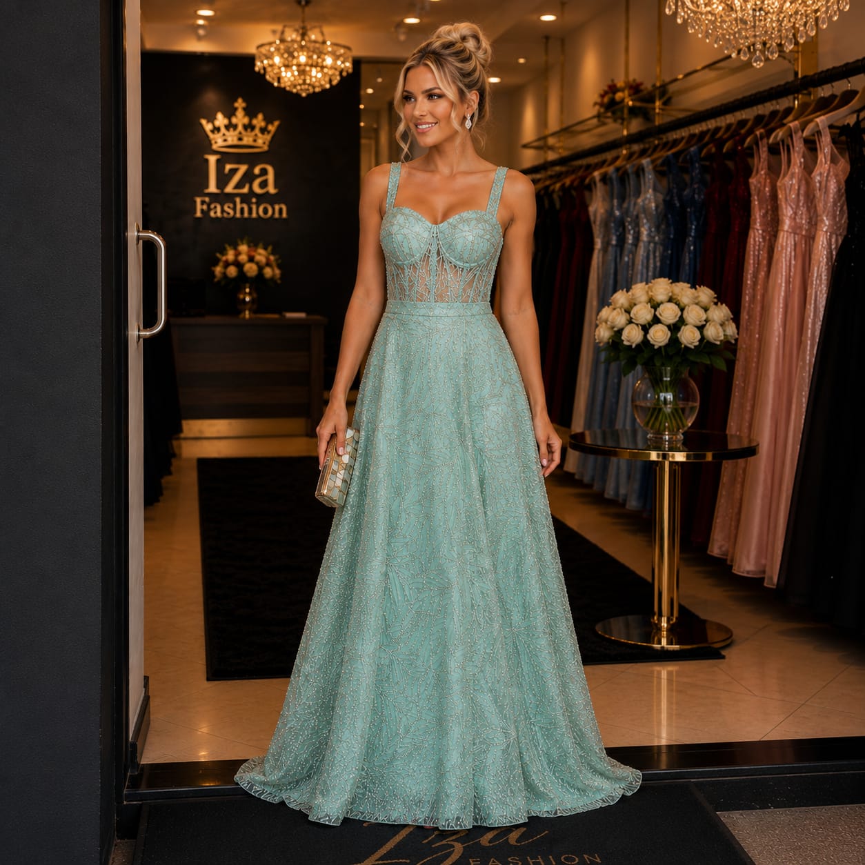 Vestido Longo em Renda Bordada Menta com Corpete Corset