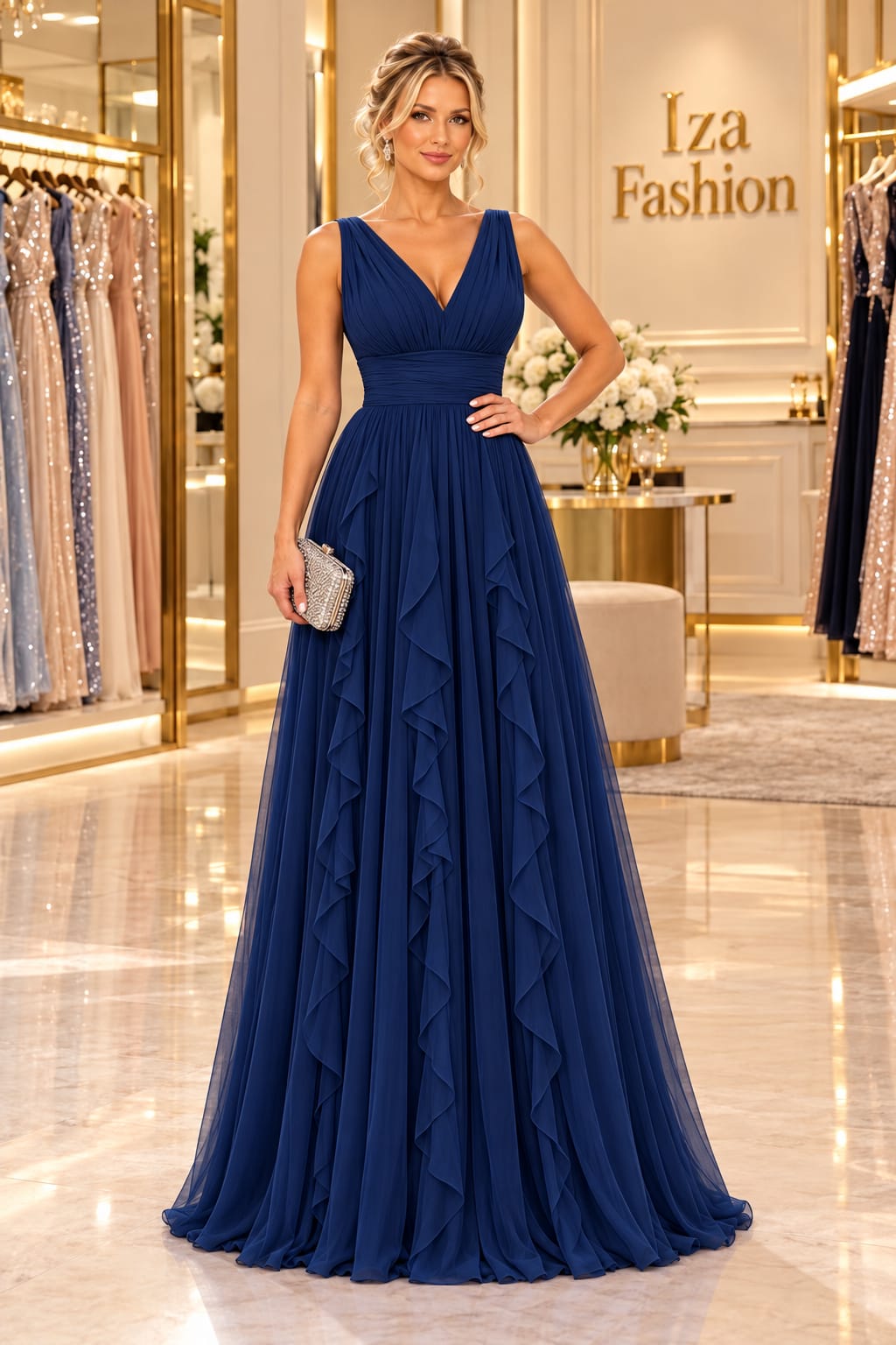Vestido Longo Azul Marinho com Babados Cascata e Decote em V