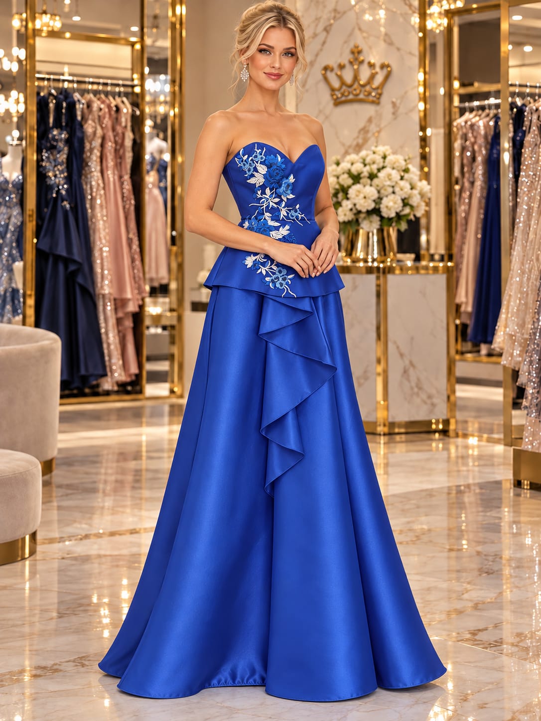 Vestido Longo Azul Royal com Bordado Floral e Peplum Babado Cascata