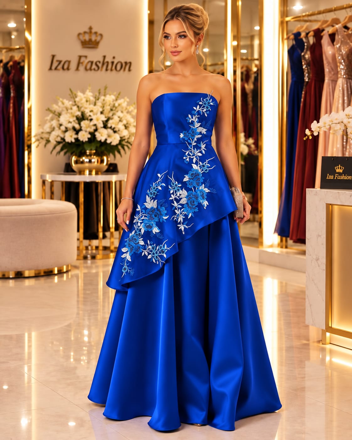 Vestido Longo Azul Royal Tomara que Caia com Aplicações