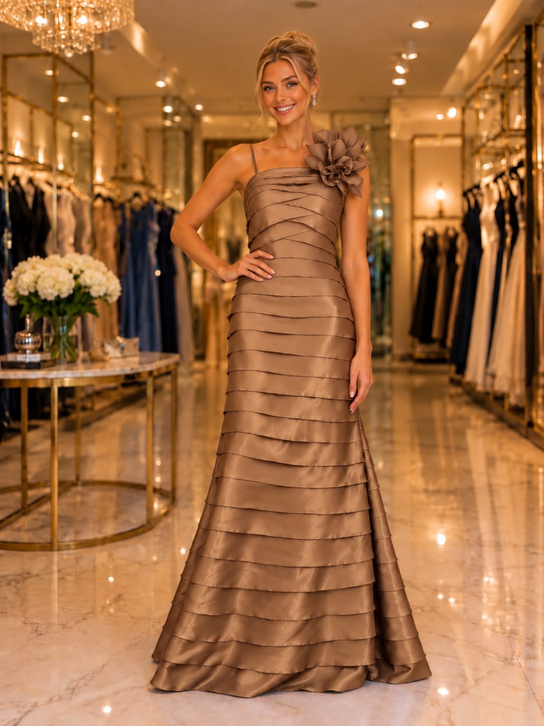 Vestido Zibeline Em Camadas Marrom