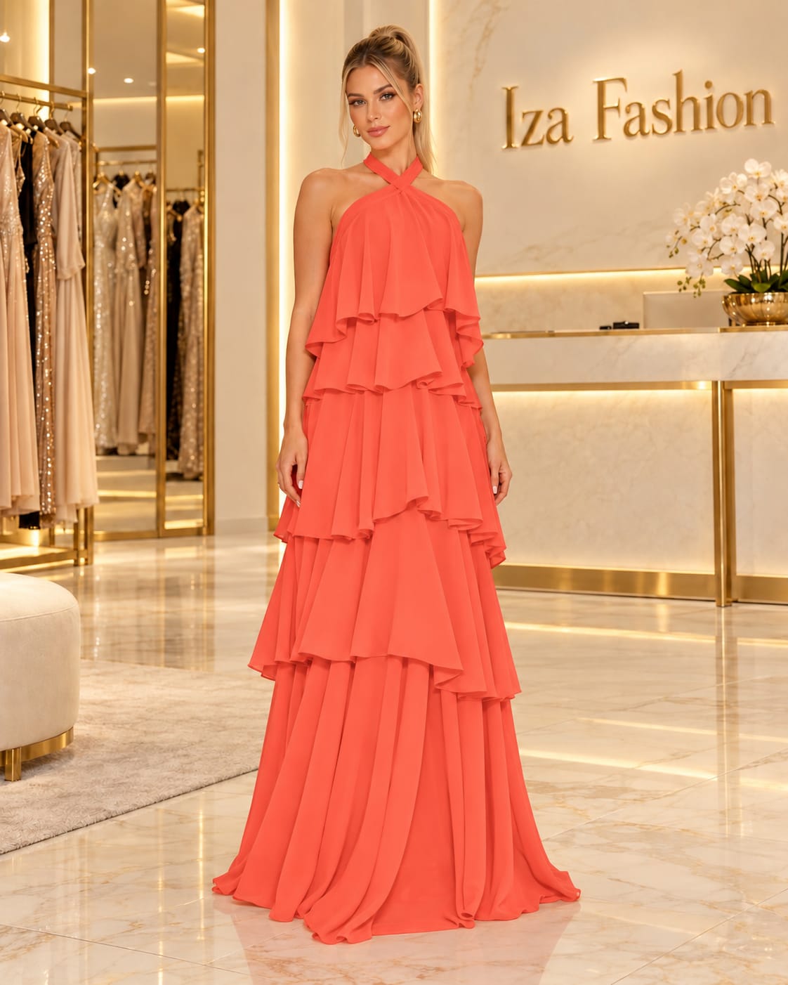 Vestido Longo em Camadas Chiffon Laranja