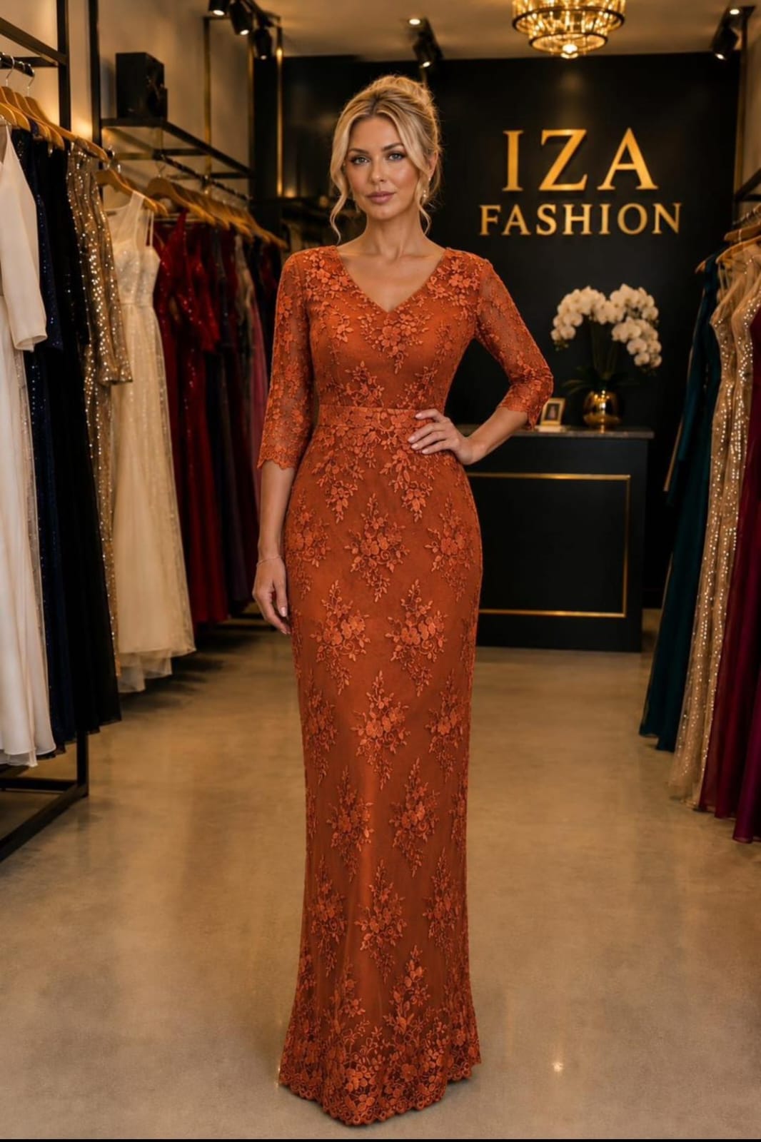 Vestido Longo em Tule com Aplicação Terracota
