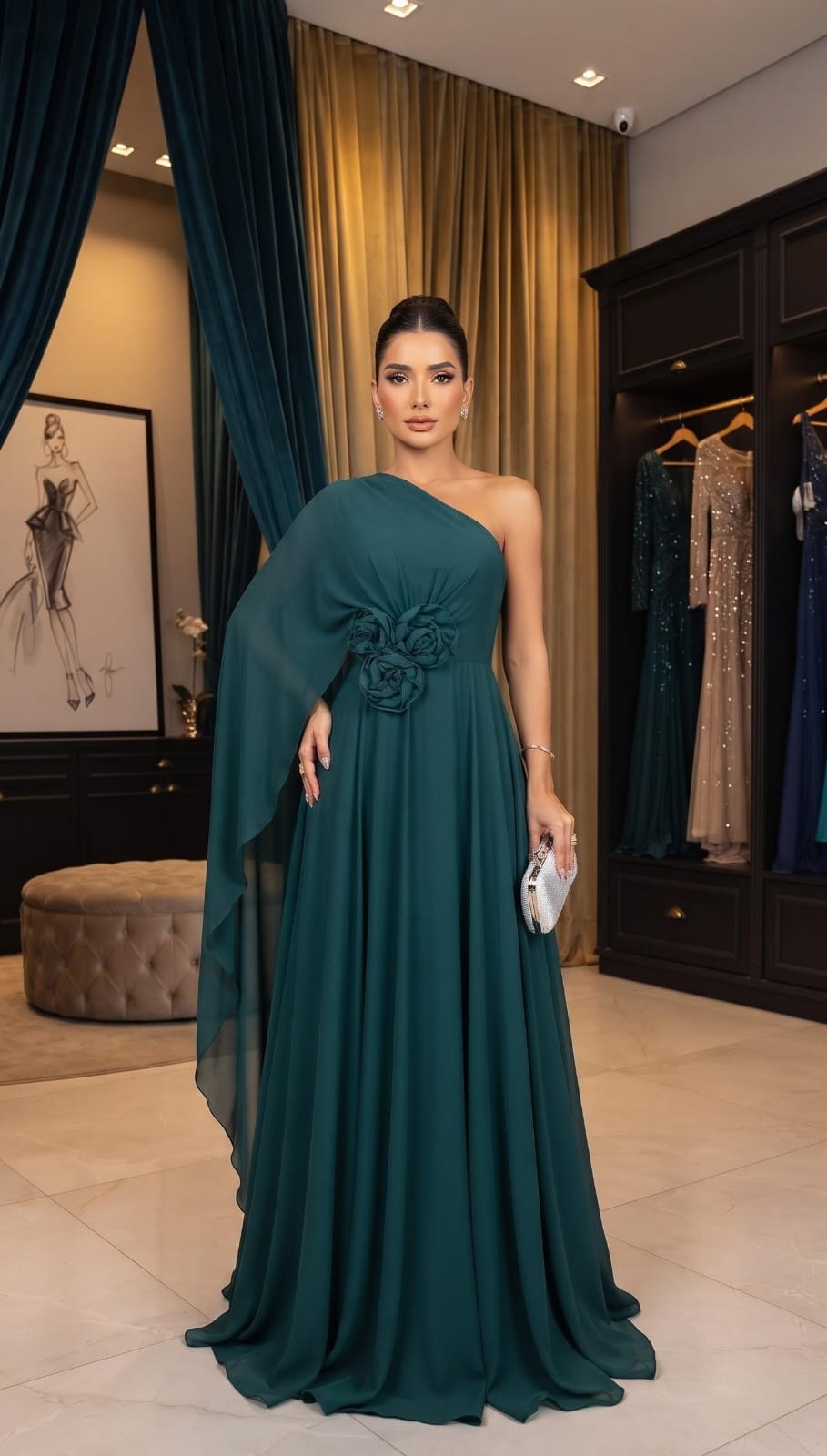 Vestido de Festa Verde Esmeralda/Petróleo Decote um Ombro Só e Flores Aplicadas